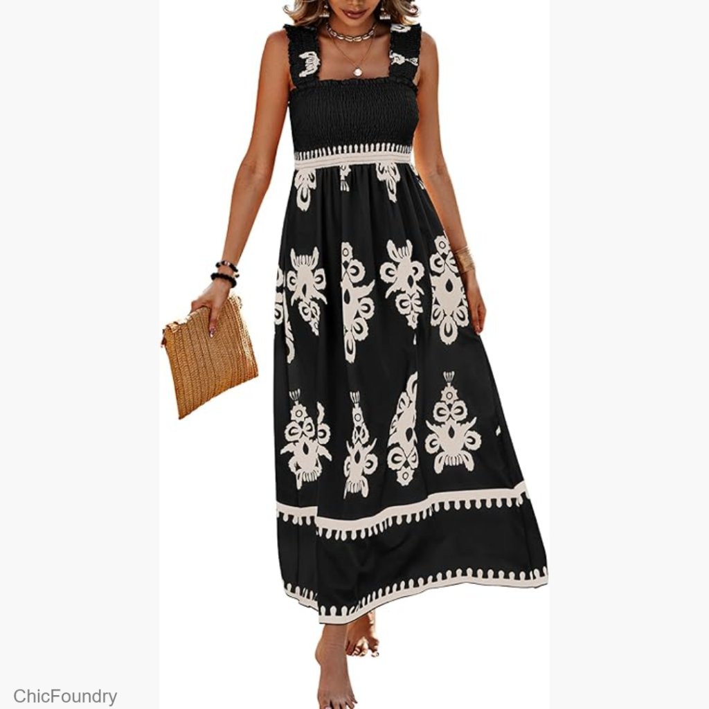 Sleeveless Maxi Dress With Pockets, Smocked Waist, Floral A-Line Beach Dress